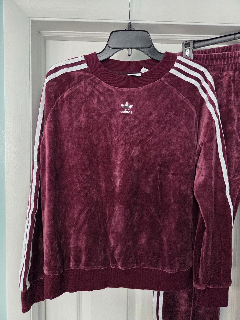 Adidas Originals Burgundy Velour Tracksuit Set Y2K 3 Stripe Jacket Pants M - Picture 3 of 16